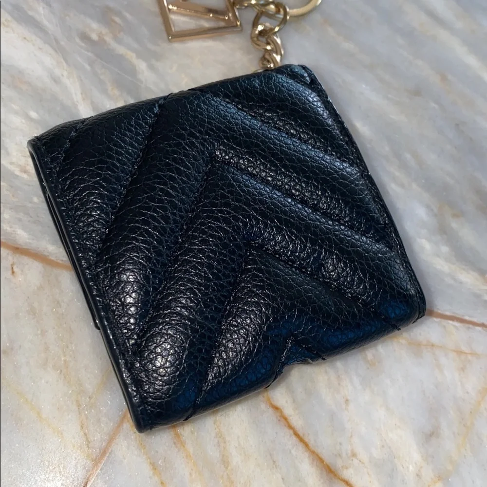 Victorias Secret Black Quilted Mini Pouch Keychain Gold V Logo Charm Case
